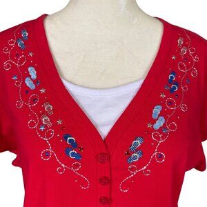Holiday Editions XL red and white short sleeve v-neck embellished decorated top
